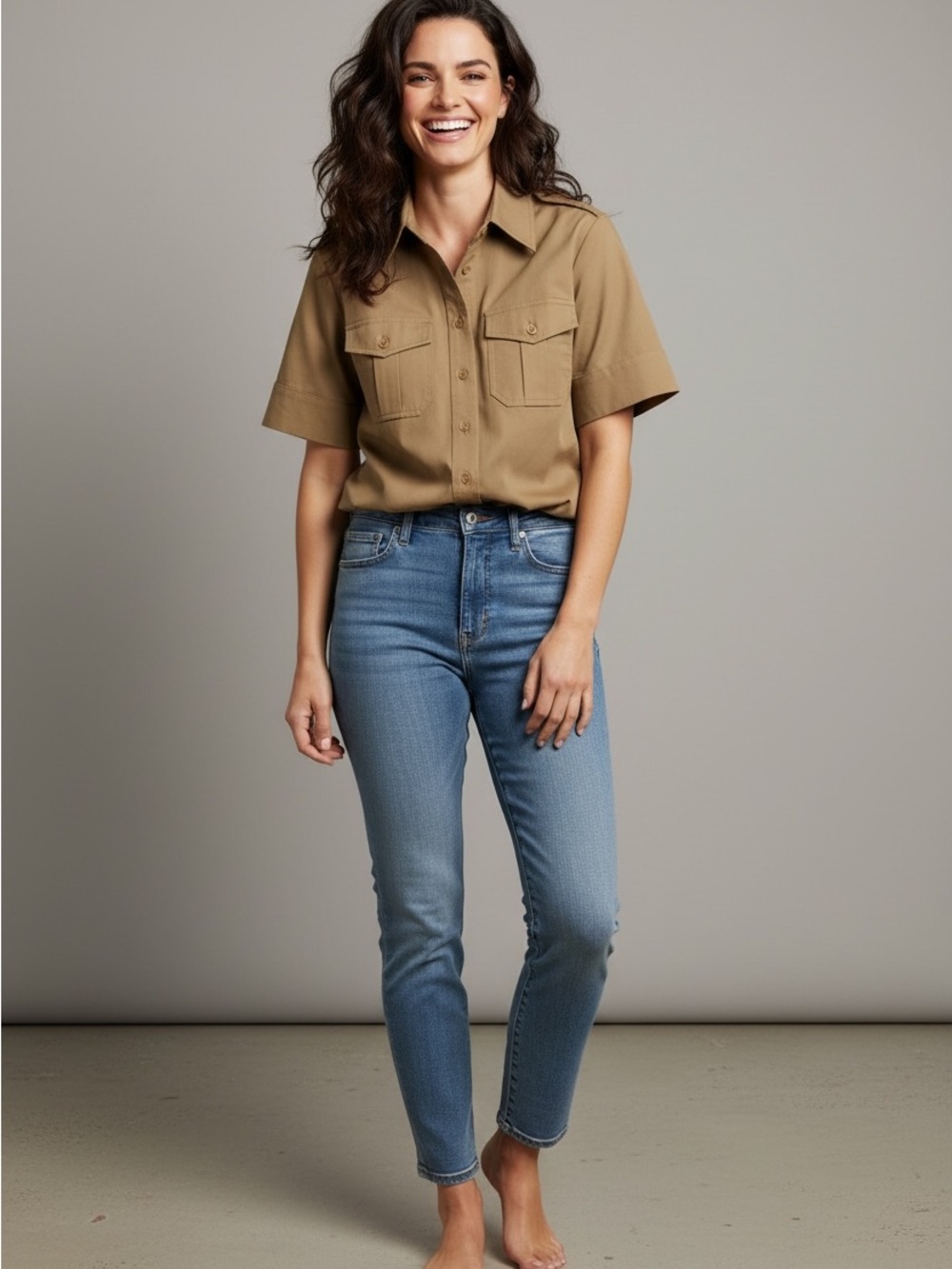 Trina Turk Khaki Short Sleeve Utility Safari Shirt. Size S/M Pit to Pit 18 1/2